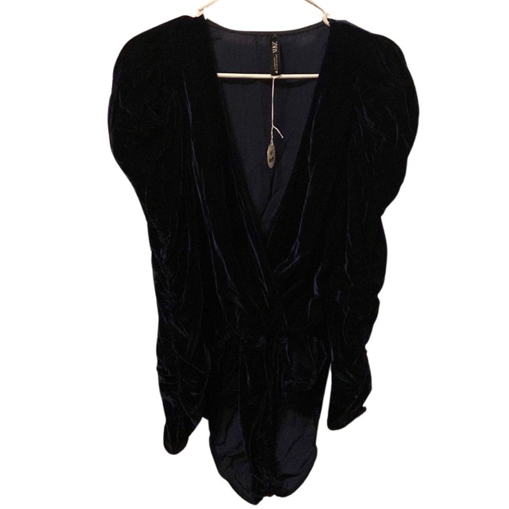 ZARA velour bodysuit deep dark navy ruched puff sleeves Size S fits like XS